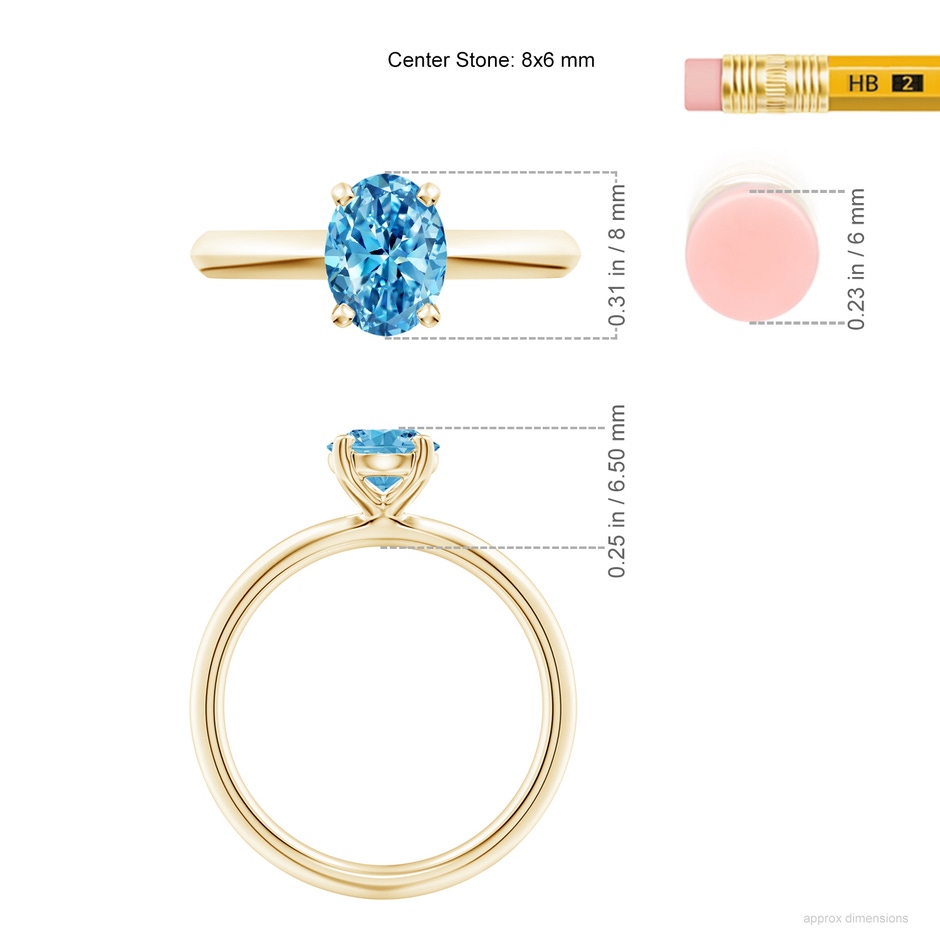8x6mm Labgrown Oval Lab-Grown Fancy Intense Blue Diamond Solitaire Knife-Edge Shank Engagement Ring in Yellow Gold ruler