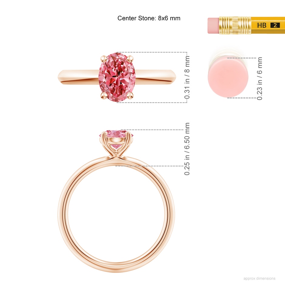 8x6mm Labgrown Oval Lab-Grown Fancy Intense Pink Diamond Solitaire Knife-Edge Shank Engagement Ring in Rose Gold ruler