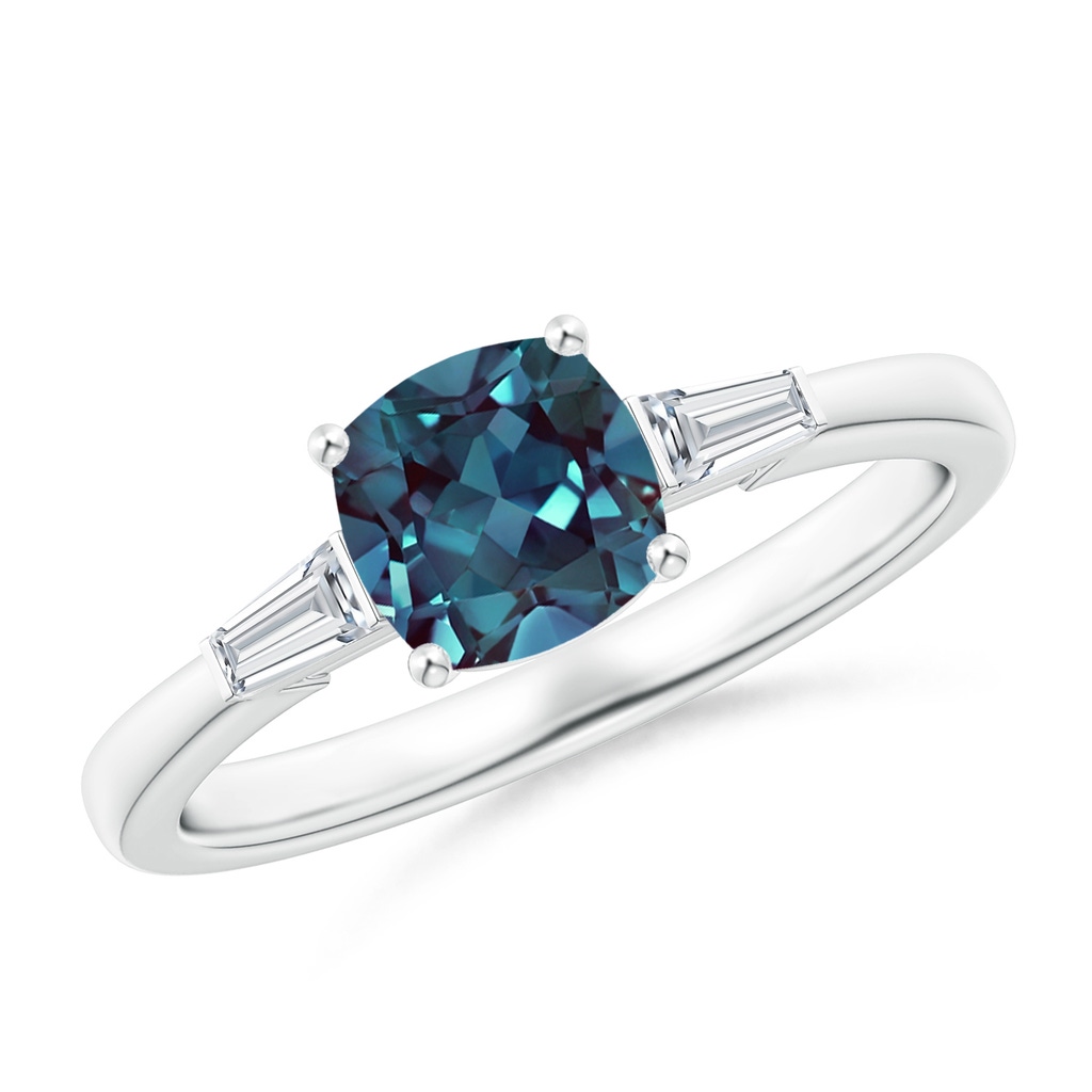 6mm Labgrown Cushion Lab-Grown Alexandrite Ring with Bar-Set Tapered Baguette Diamonds in P950 Platinum