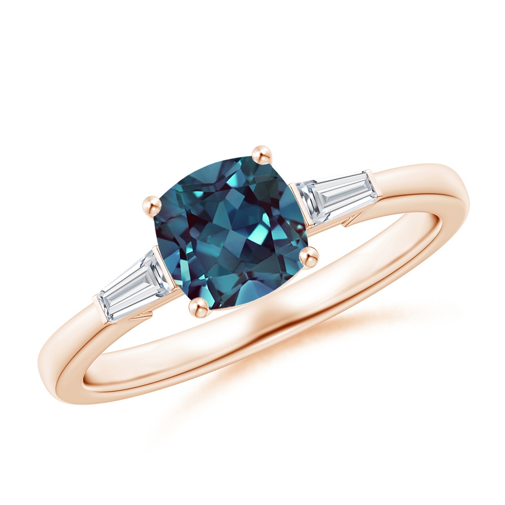 6mm Labgrown Cushion Lab-Grown Alexandrite Ring with Bar-Set Tapered Baguette Diamonds in Rose Gold