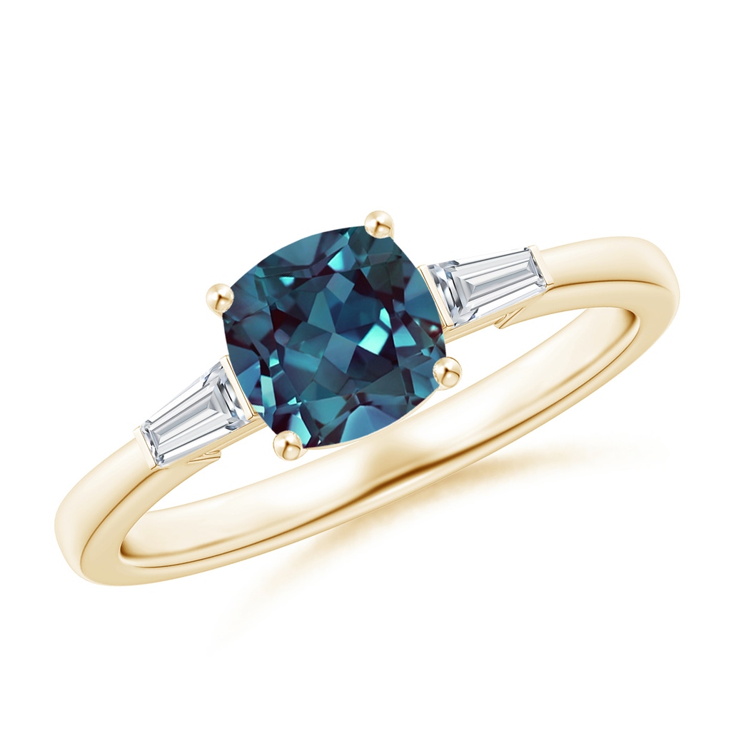 6mm Labgrown Cushion Lab-Grown Alexandrite Ring with Bar-Set Tapered Baguette Diamonds in Yellow Gold