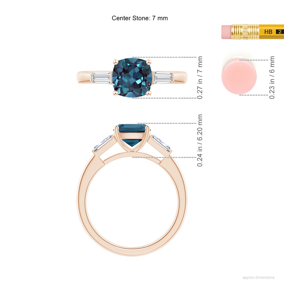 7mm Labgrown Cushion Lab-Grown Alexandrite Ring with Bar-Set Tapered Baguette Diamonds in 18K Rose Gold ruler