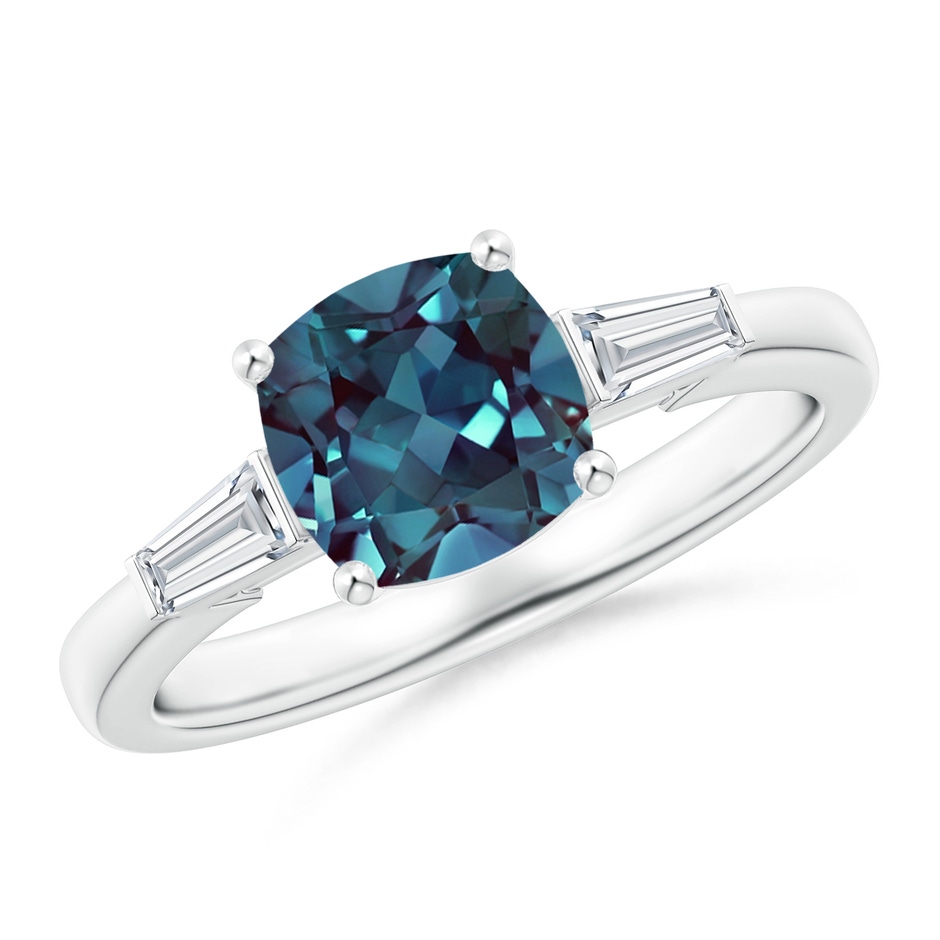 7mm Labgrown Cushion Lab-Grown Alexandrite Ring with Bar-Set Tapered Baguette Diamonds in P950 Platinum 