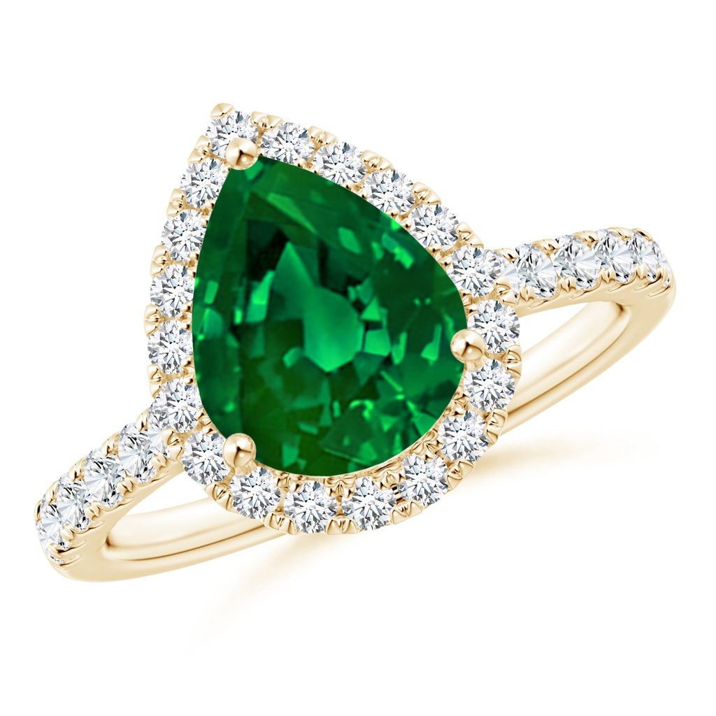 10x8mm Labgrown Lab-Grown Pear-Shaped Emerald Halo Engagement Ring in Yellow Gold
