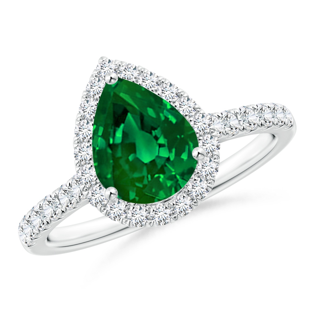 9x7mm Labgrown Lab-Grown Pear-Shaped Emerald Halo Engagement Ring in White Gold