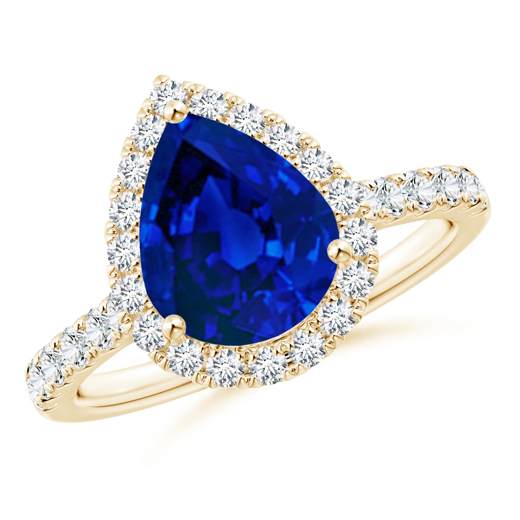 10x8mm Labgrown Lab-Grown Pear-Shaped Blue Sapphire Halo Engagement Ring in Yellow Gold