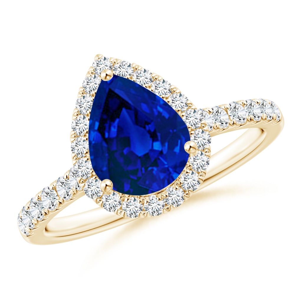 9x7mm Labgrown Lab-Grown Pear-Shaped Blue Sapphire Halo Engagement Ring in Yellow Gold