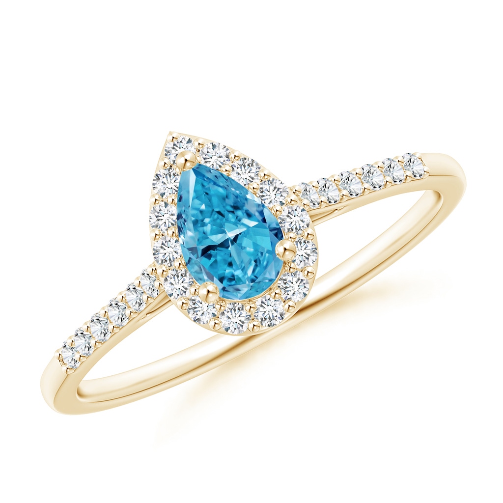 6x4mm Labgrown Pear-Shaped Lab-Grown Fancy Intense Blue Diamond Halo Engagement Ring with Accents in Yellow Gold