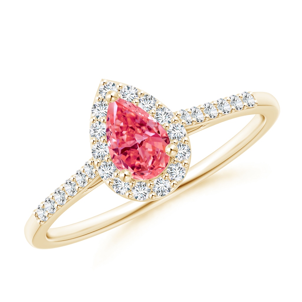 6x4mm Labgrown Pear-Shaped Lab-Grown Fancy Intense Pink Diamond Halo Engagement Ring with Accents in Yellow Gold