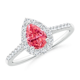 7x5mm Labgrown Pear-Shaped Lab-Grown Fancy Intense Pink Diamond Halo Engagement Ring with Accents in P950 Platinum