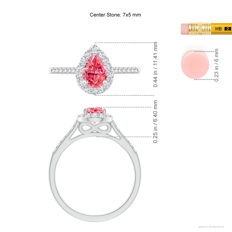 7x5mm Labgrown Pear-Shaped Lab-Grown Fancy Intense Pink Diamond Halo Engagement Ring with Accents in White Gold ruler