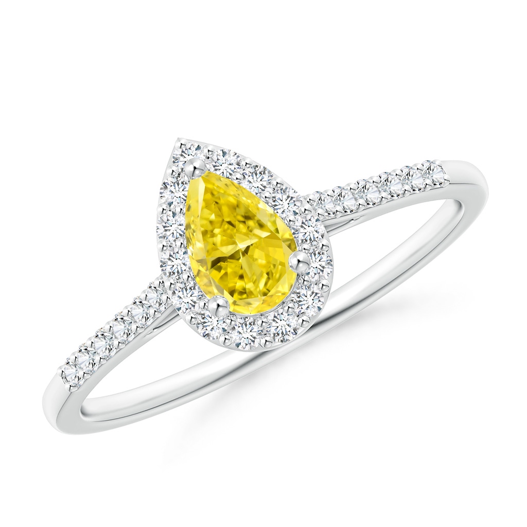 6x4mm Labgrown Pear-Shaped Lab-Grown Fancy Intense Yellow Diamond Halo Engagement Ring with Accents in P950 Platinum