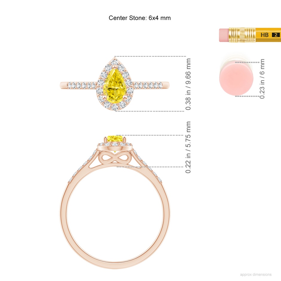 6x4mm Labgrown Pear-Shaped Lab-Grown Fancy Intense Yellow Diamond Halo Engagement Ring with Accents in Rose Gold ruler