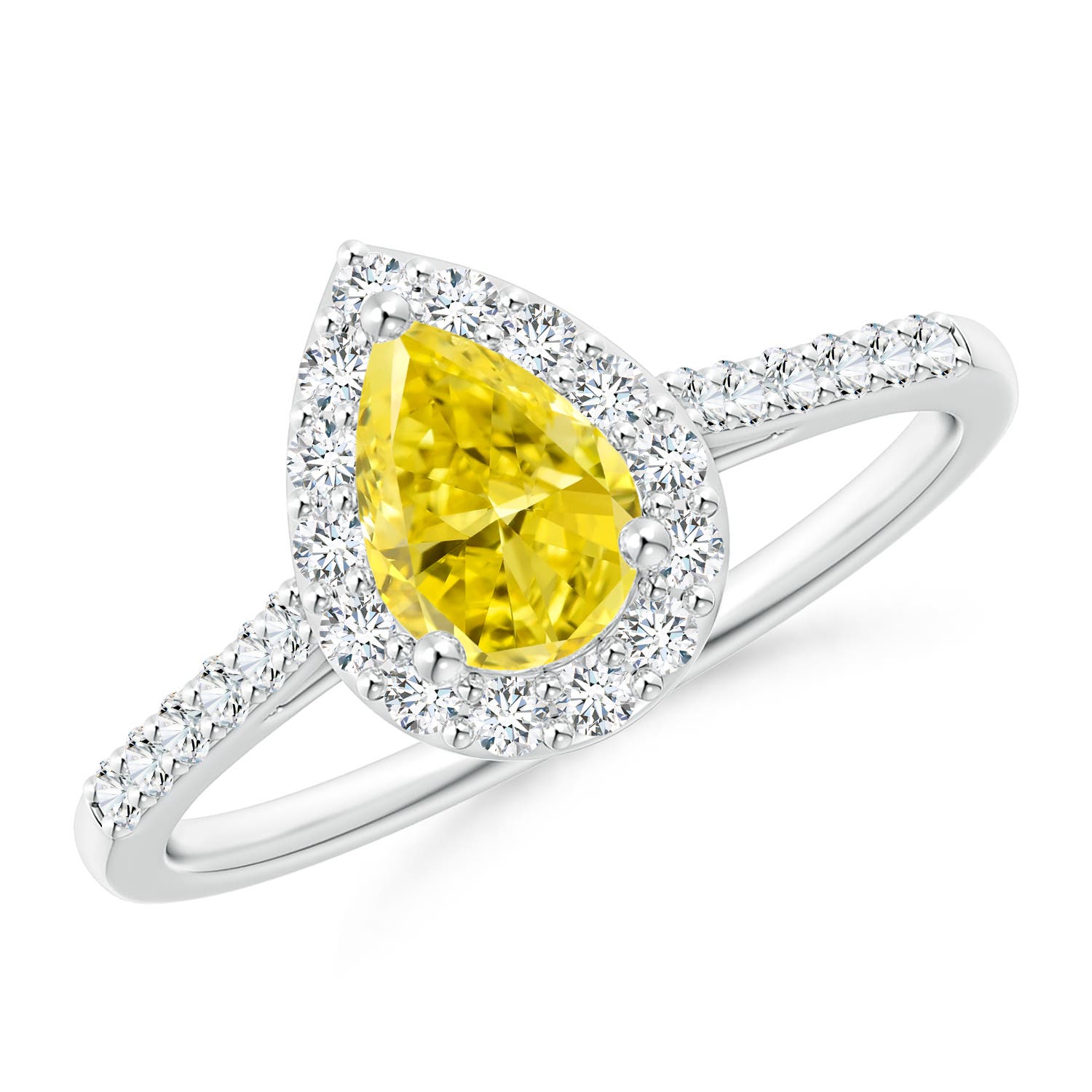 7x5mm Labgrown Pear-Shaped Lab-Grown Fancy Intense Yellow Diamond Halo Engagement Ring with Accents in P950 Platinum