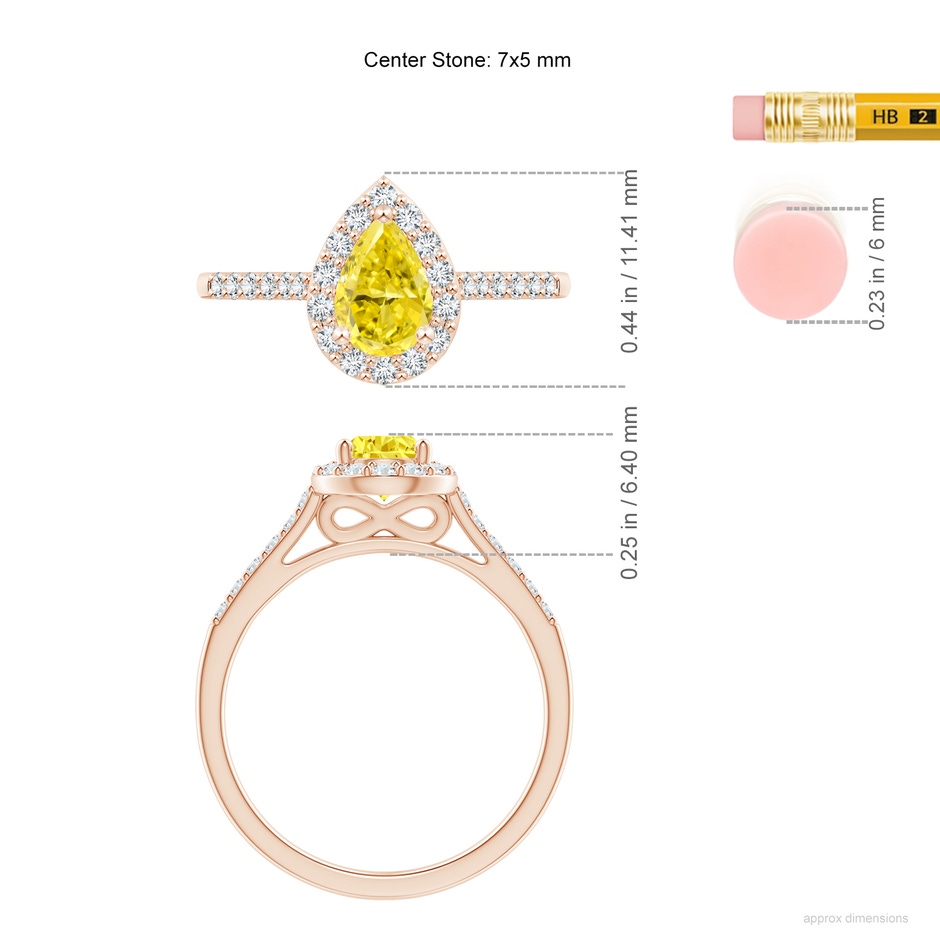 7x5mm Labgrown Pear-Shaped Lab-Grown Fancy Intense Yellow Diamond Halo Engagement Ring with Accents in Rose Gold ruler