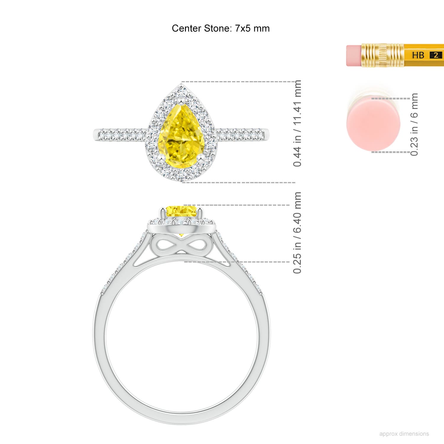 7x5mm Labgrown Pear-Shaped Lab-Grown Fancy Intense Yellow Diamond Halo Engagement Ring with Accents in White Gold - ruler