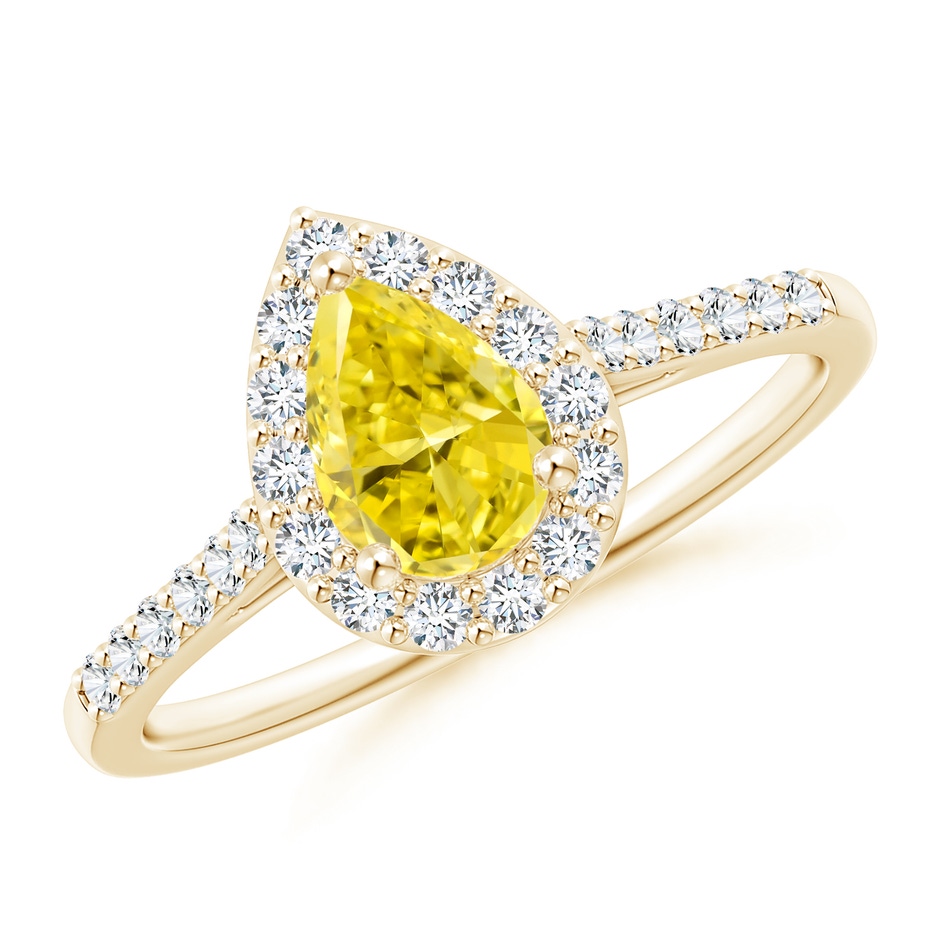 7x5mm Labgrown Pear-Shaped Lab-Grown Fancy Intense Yellow Diamond Halo Engagement Ring with Accents in Yellow Gold 