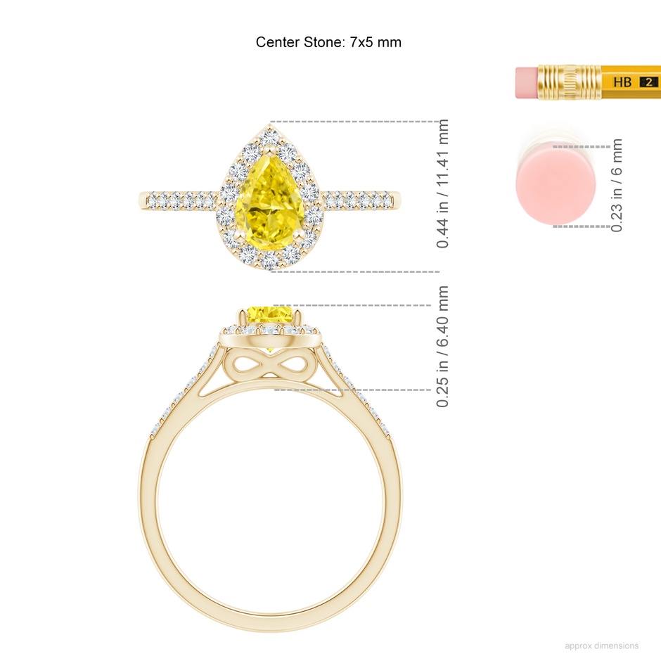 7x5mm Labgrown Pear-Shaped Lab-Grown Fancy Intense Yellow Diamond Halo Engagement Ring with Accents in Yellow Gold ruler