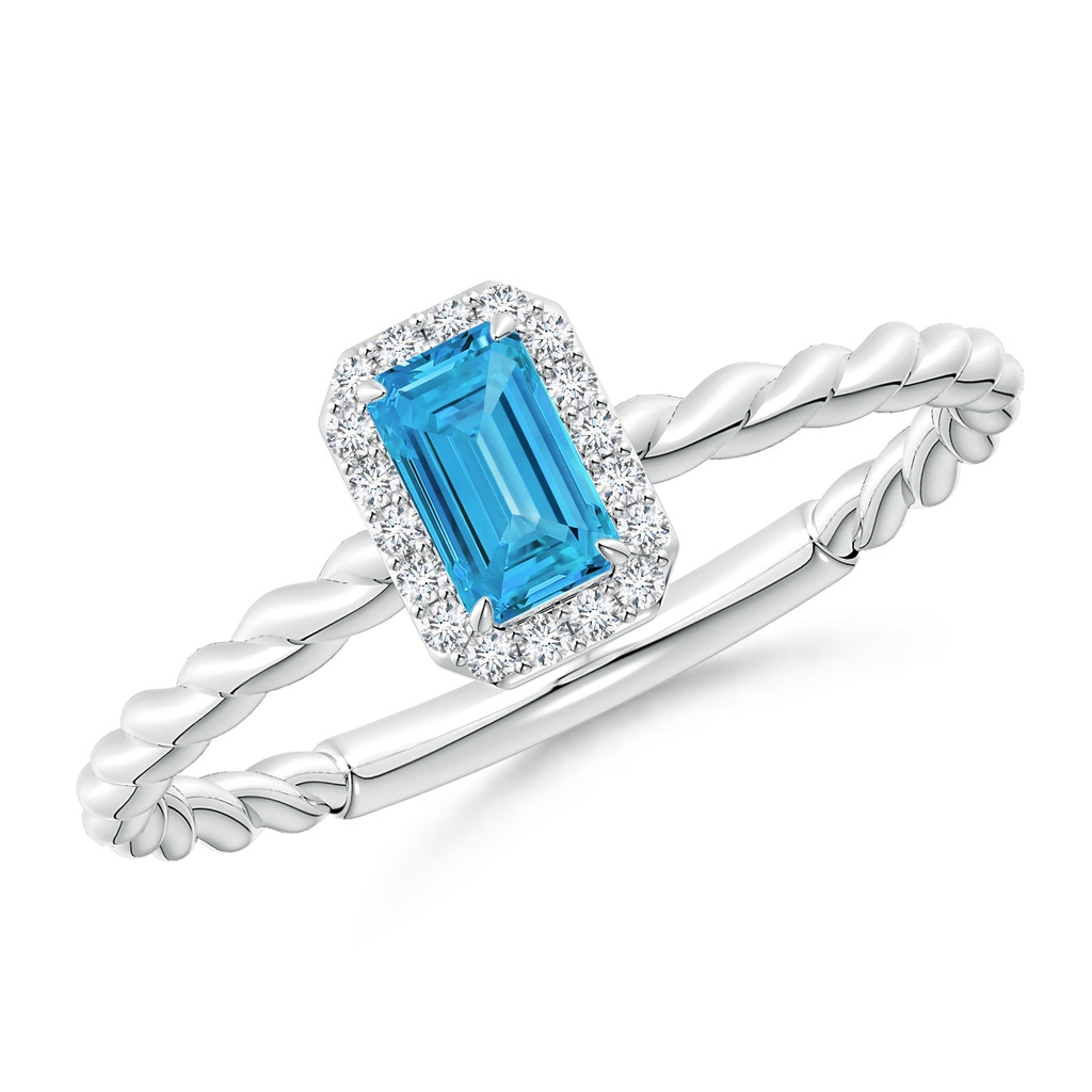 5x3mm Labgrown Emerald-Cut Lab-Grown Fancy Intense Blue Diamond Halo Twisted Shank Engagement Ring in White Gold