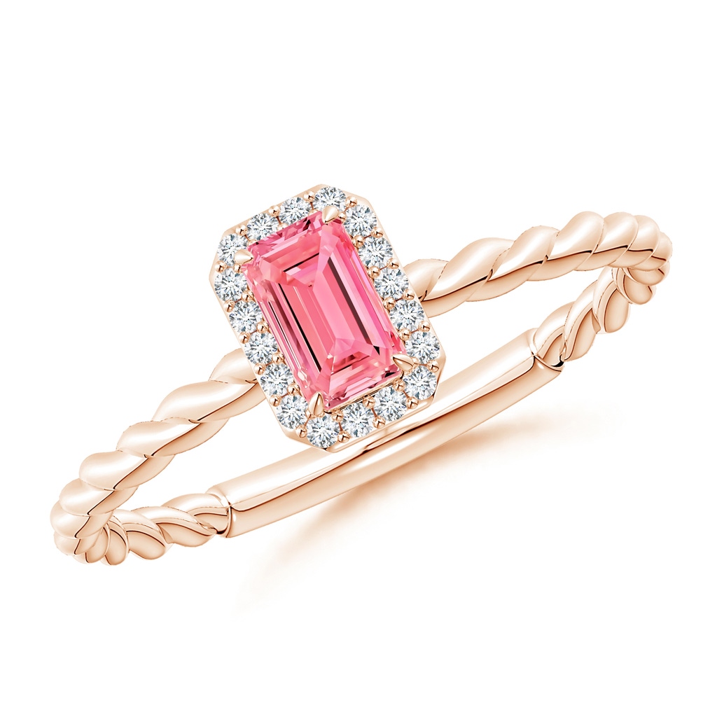 5x3mm Labgrown Emerald-Cut Lab-Grown Fancy Intense Pink Diamond Halo Twisted Shank Engagement Ring in Rose Gold