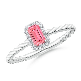 5x3mm Labgrown Emerald-Cut Lab-Grown Fancy Intense Pink Diamond Halo Twisted Shank Engagement Ring in White Gold