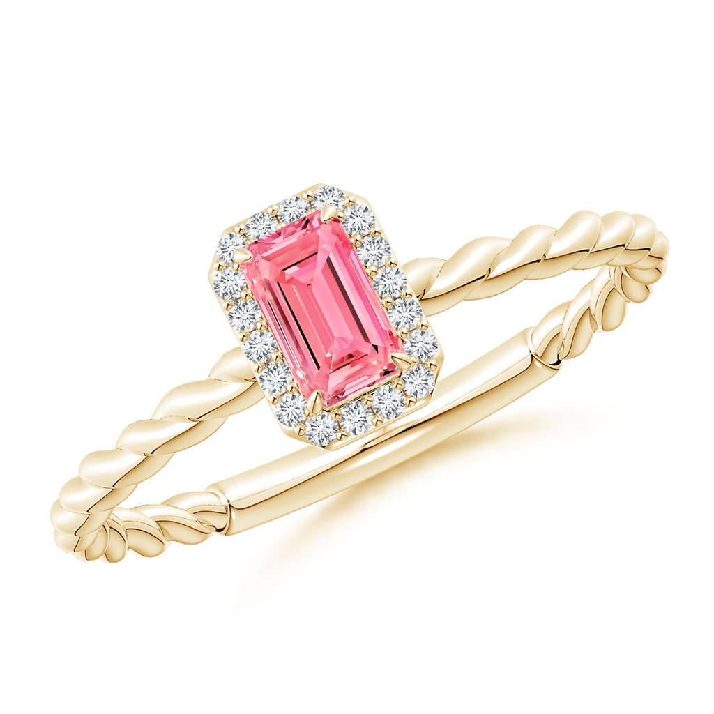 5x3mm Labgrown Emerald-Cut Lab-Grown Fancy Intense Pink Diamond Halo Twisted Shank Engagement Ring in Yellow Gold