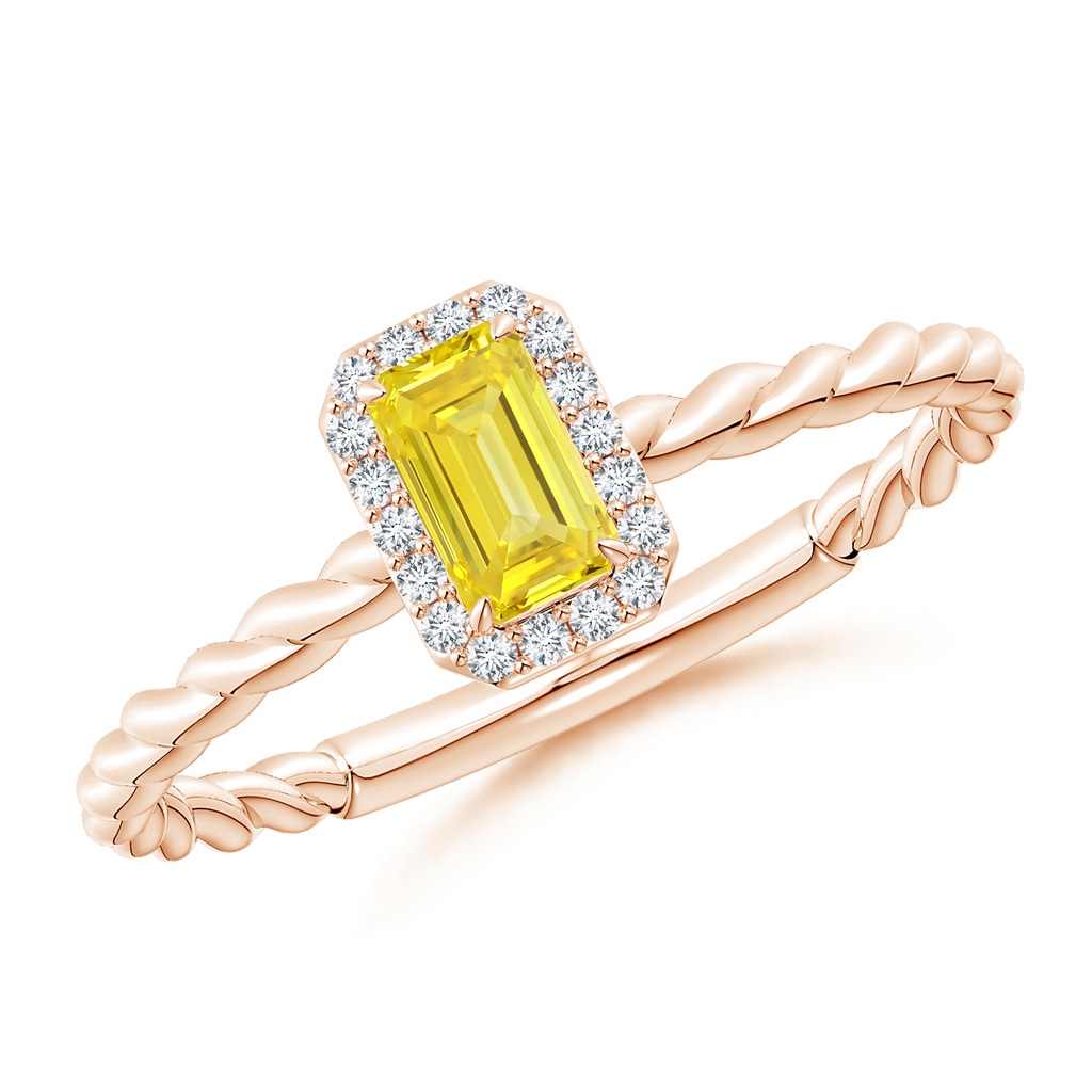 5x3mm Labgrown Emerald-Cut Lab-Grown Fancy Intense Yellow Diamond Halo Twisted Shank Engagement Ring in Rose Gold