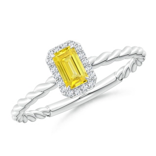 5x3mm Labgrown Emerald-Cut Lab-Grown Fancy Intense Yellow Diamond Halo Twisted Shank Engagement Ring in White Gold