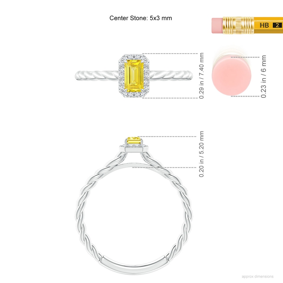 5x3mm Labgrown Emerald-Cut Lab-Grown Fancy Intense Yellow Diamond Halo Twisted Shank Engagement Ring in White Gold ruler