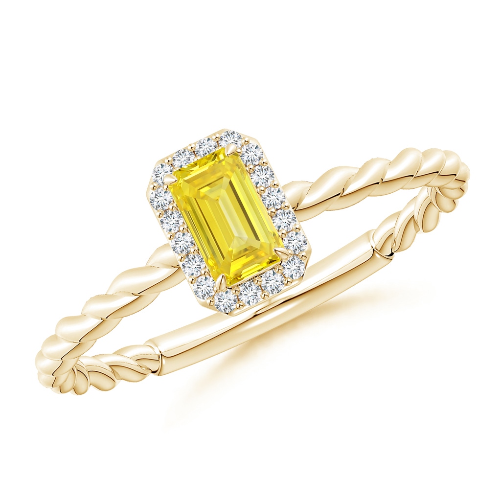 5x3mm Labgrown Emerald-Cut Lab-Grown Fancy Intense Yellow Diamond Halo Twisted Shank Engagement Ring in Yellow Gold