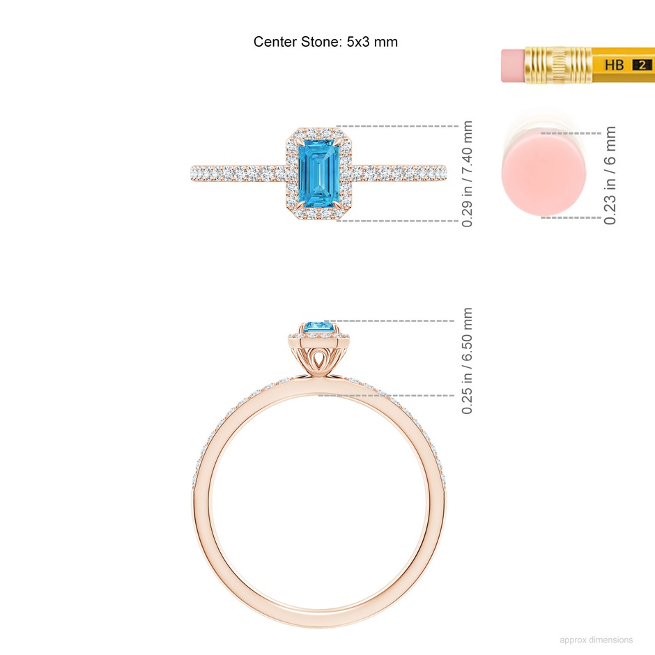 5x3mm Labgrown Emerald-Cut Lab-Grown Fancy Intense Blue Diamond Halo Engagement Ring in 18K Rose Gold ruler