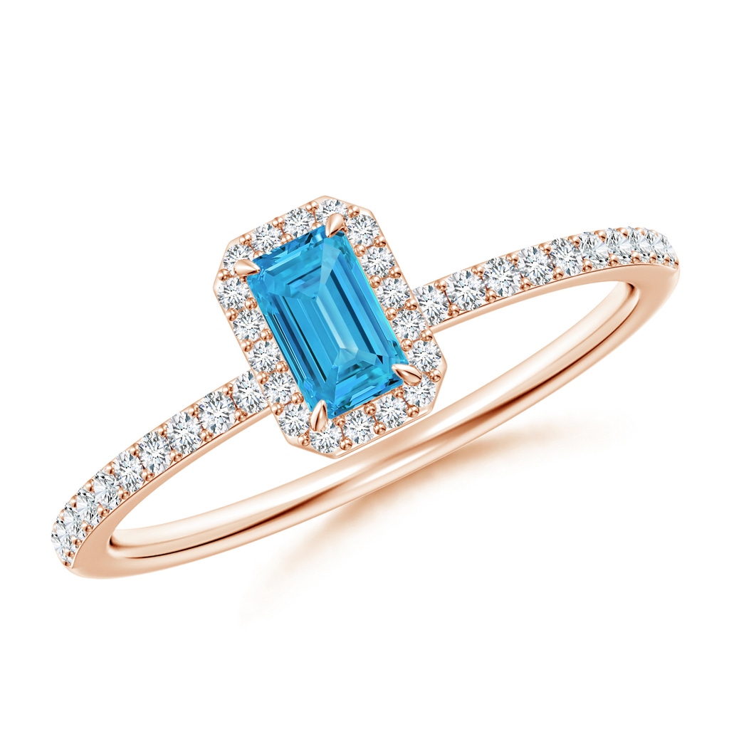 5x3mm Labgrown Emerald-Cut Lab-Grown Fancy Intense Blue Diamond Halo Engagement Ring in Rose Gold