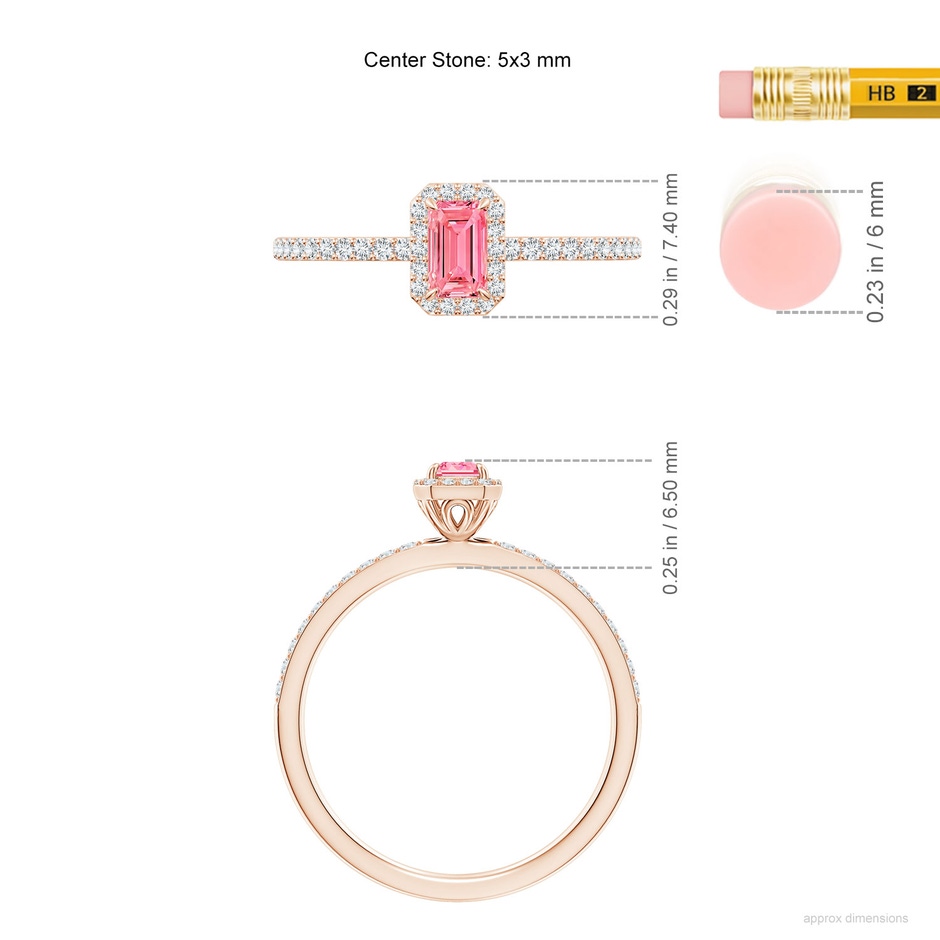 5x3mm Labgrown Emerald-Cut Lab-Grown Fancy Intense Pink Diamond Halo Engagement Ring in 18K Rose Gold ruler
