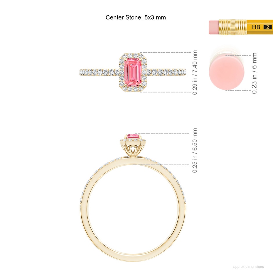 5x3mm Labgrown Emerald-Cut Lab-Grown Fancy Intense Pink Diamond Halo Engagement Ring in 18K Yellow Gold ruler
