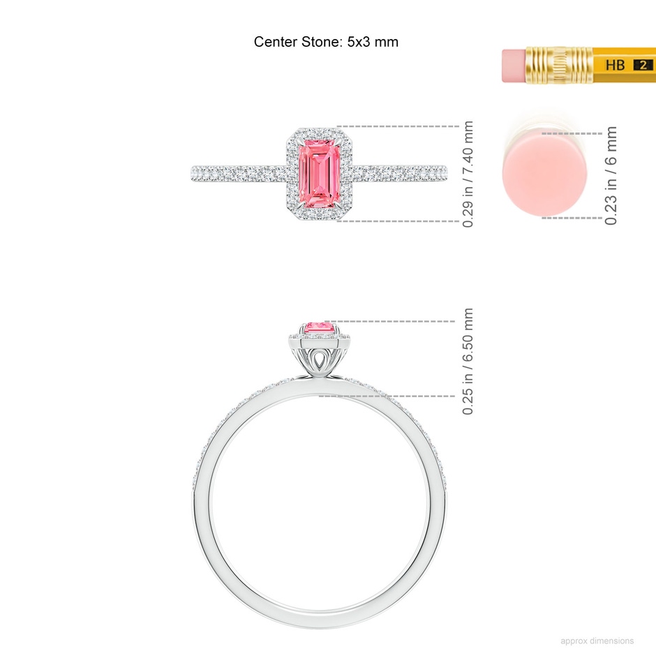 5x3mm Labgrown Emerald-Cut Lab-Grown Fancy Intense Pink Diamond Halo Engagement Ring in White Gold ruler