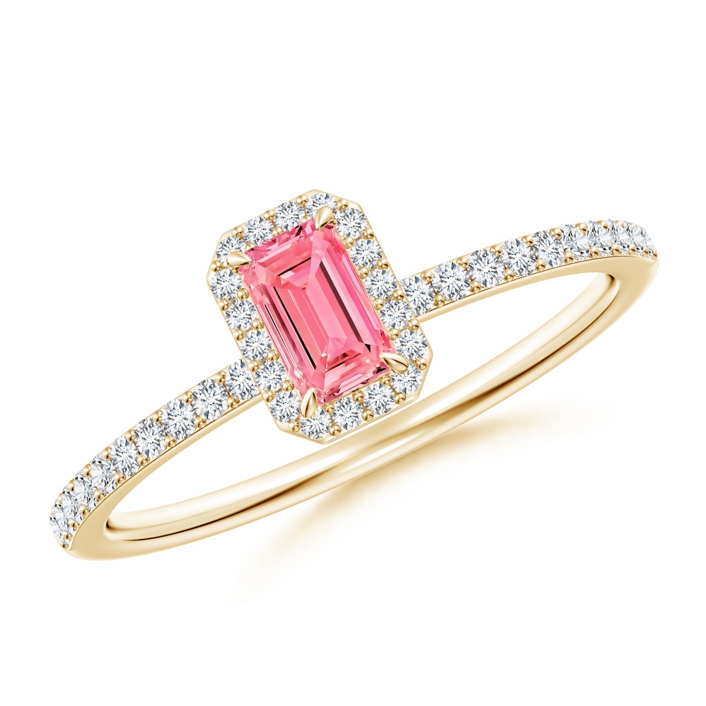 5x3mm Labgrown Emerald-Cut Lab-Grown Fancy Intense Pink Diamond Halo Engagement Ring in Yellow Gold