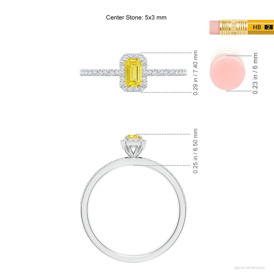 5x3mm Labgrown Emerald-Cut Lab-Grown Fancy Intense Yellow Diamond Halo Engagement Ring in 18K White Gold ruler