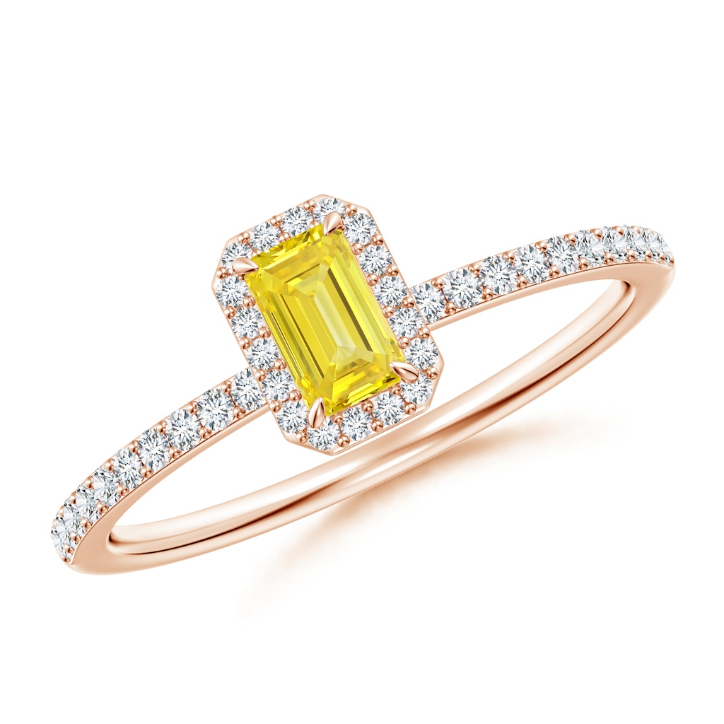 5x3mm Labgrown Emerald-Cut Lab-Grown Fancy Intense Yellow Diamond Halo Engagement Ring in Rose Gold