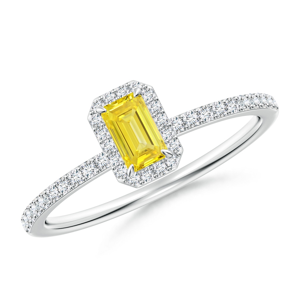 5x3mm Labgrown Emerald-Cut Lab-Grown Fancy Intense Yellow Diamond Halo Engagement Ring in White Gold