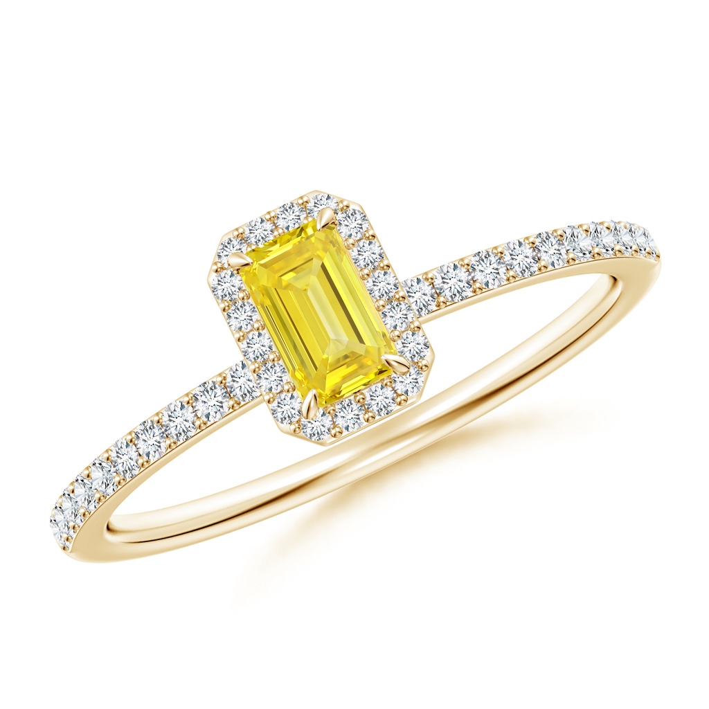 5x3mm Labgrown Emerald-Cut Lab-Grown Fancy Intense Yellow Diamond Halo Engagement Ring in Yellow Gold