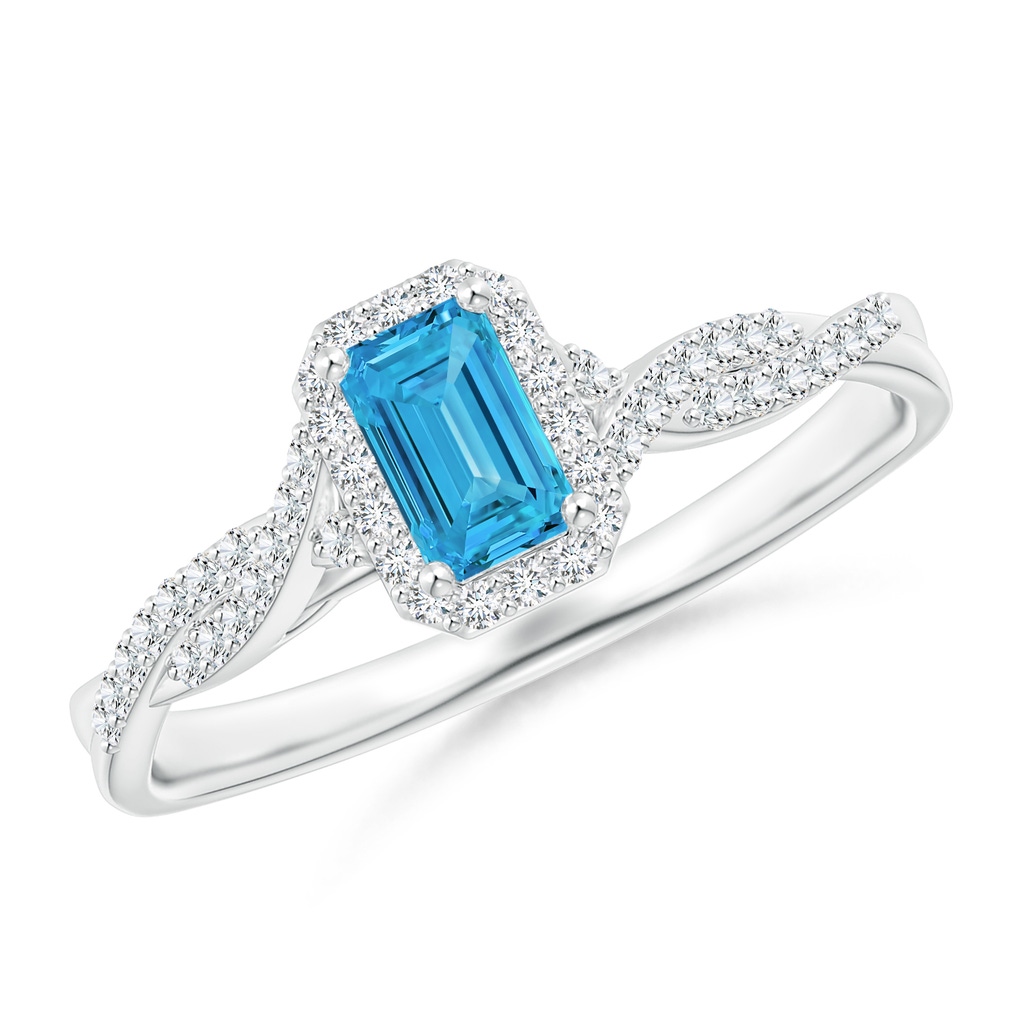 5x3mm Labgrown Emerald-Cut Lab-Grown Fancy Intense Blue Diamond Halo Twisted Shank Ring in White Gold