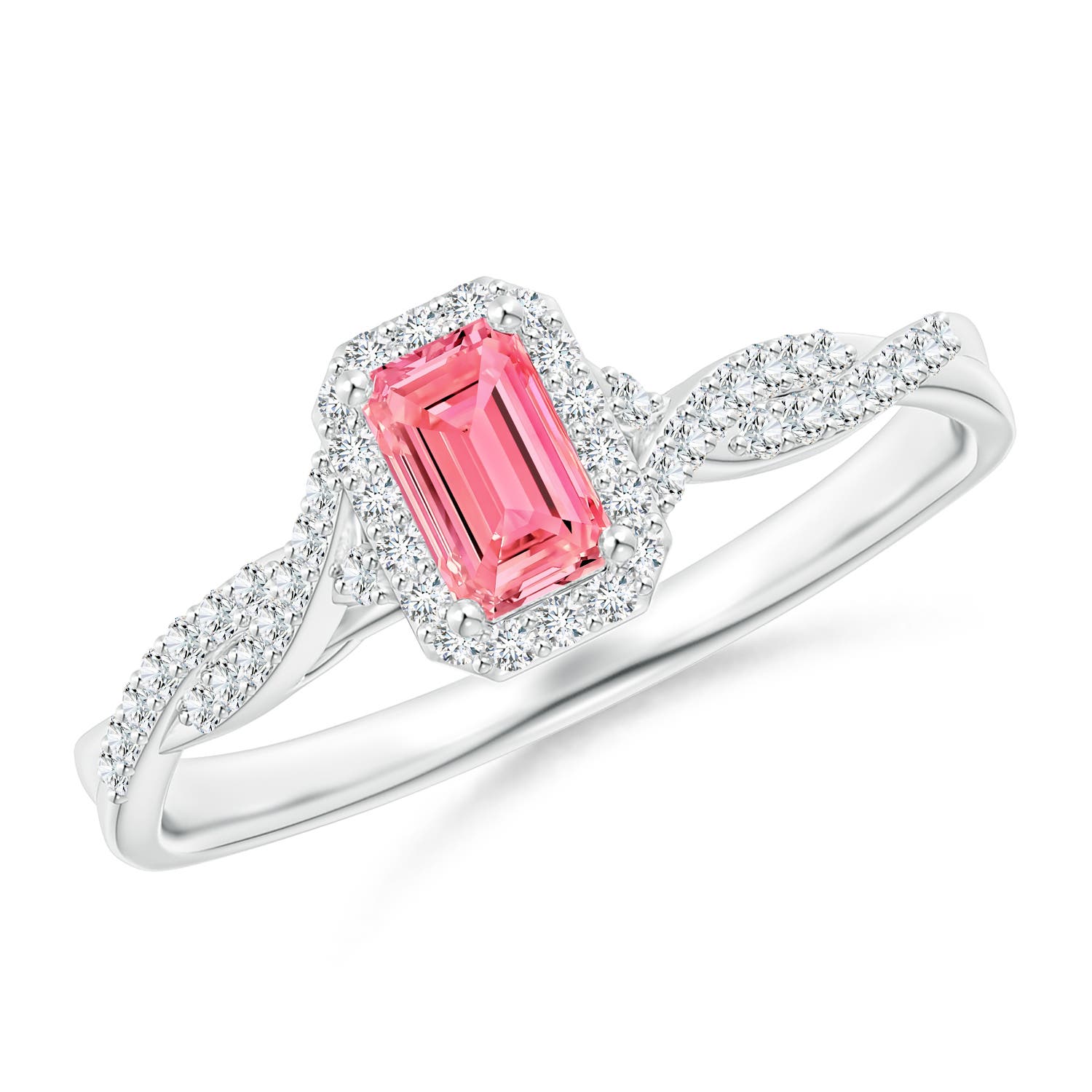 5x3mm Labgrown Emerald-Cut Lab-Grown Fancy Intense Pink Diamond Halo Twisted Shank Ring in 18CT White Gold