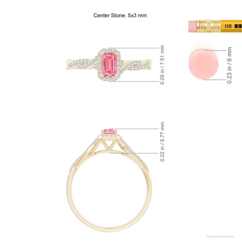 5x3mm Labgrown Emerald-Cut Lab-Grown Fancy Intense Pink Diamond Halo Twisted Shank Ring in 18K Yellow Gold ruler