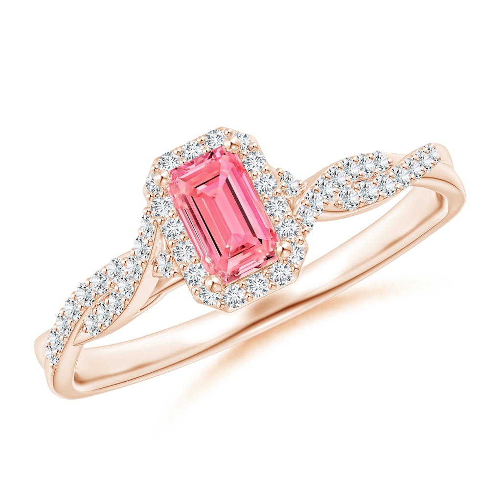 5x3mm Labgrown Emerald-Cut Lab-Grown Fancy Intense Pink Diamond Halo Twisted Shank Ring in Rose Gold