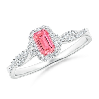 5x3mm Labgrown Emerald-Cut Lab-Grown Fancy Intense Pink Diamond Halo Twisted Shank Ring in White Gold