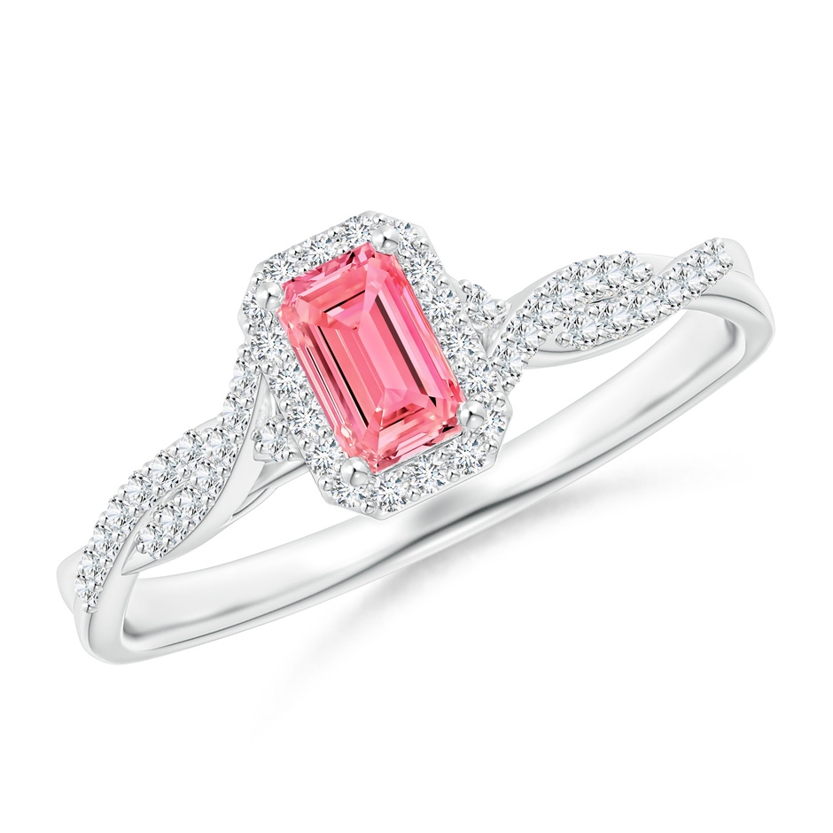 5x3mm Labgrown Emerald-Cut Lab-Grown Fancy Intense Pink Diamond Halo Twisted Shank Ring in White Gold 