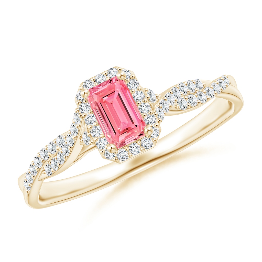 5x3mm Labgrown Emerald-Cut Lab-Grown Fancy Intense Pink Diamond Halo Twisted Shank Ring in Yellow Gold