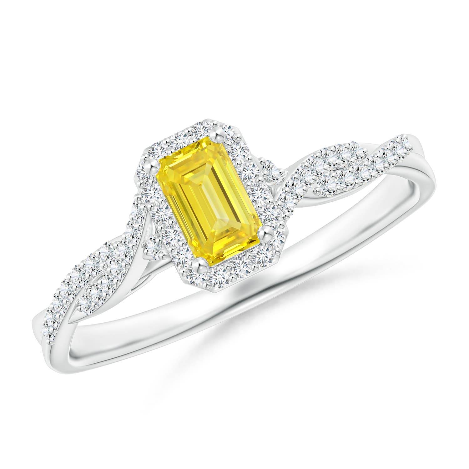 5x3mm Labgrown Emerald-Cut Lab-Grown Fancy Intense Yellow Diamond Halo Twisted Shank Ring in 18CT White Gold