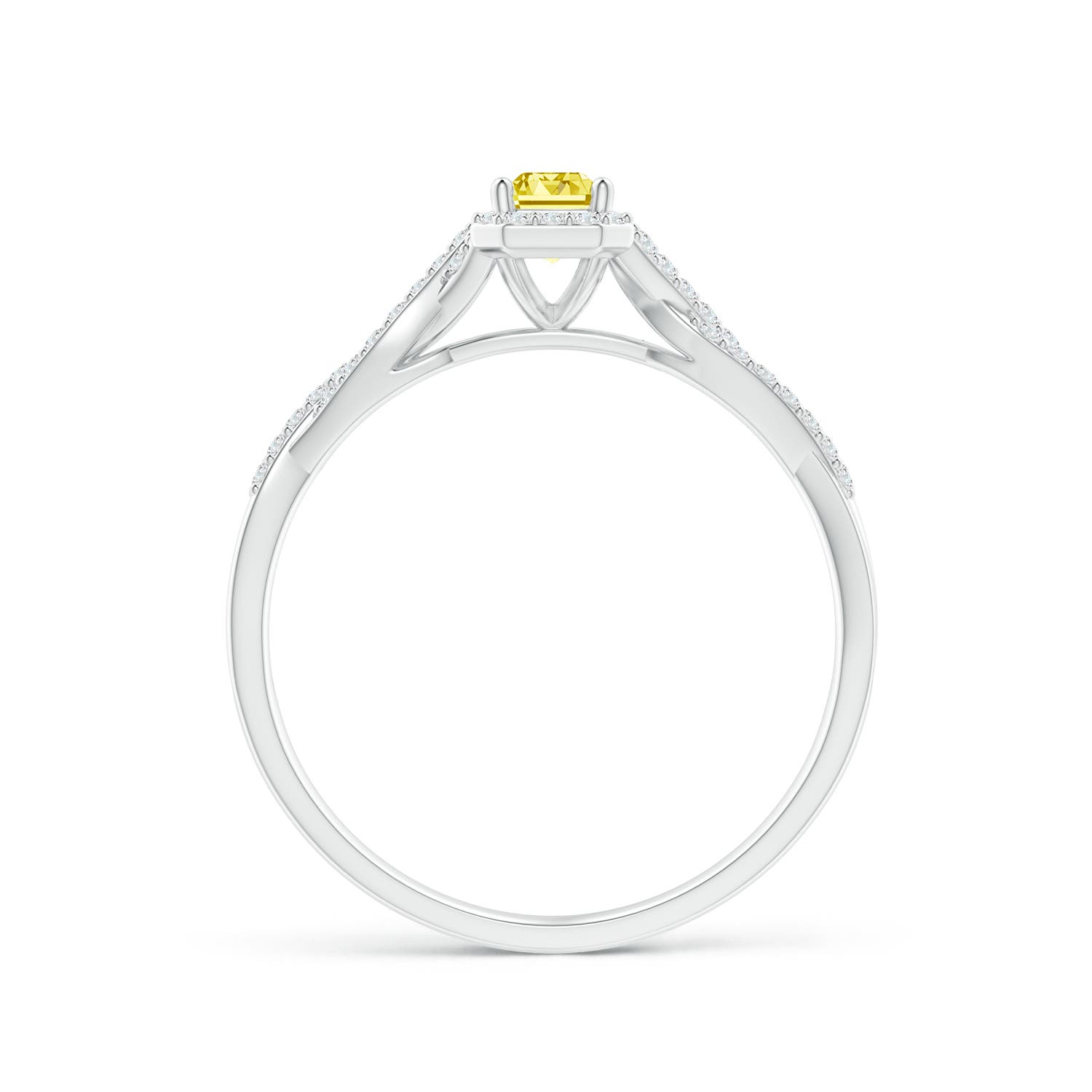 5x3mm Labgrown Emerald-Cut Lab-Grown Fancy Intense Yellow Diamond Halo Twisted Shank Ring in 18K White Gold