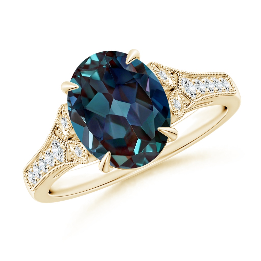 10x8mm Labgrown Aeon Vintage Inspired Oval Lab-Grown Alexandrite Solitaire Engagement Ring with Milgrain in Yellow Gold